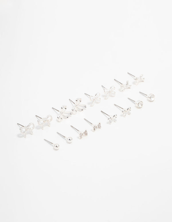 Silver Diamante & Bow Stud Earrings 8-Pack
