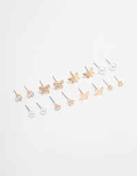 Gold Pearl, Diamante & Butterfly Stud Earrings 8-Pack - link has visual effect only