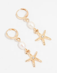 Gold Pearl Starfish Huggie Drop Earrings - link has visual effect only