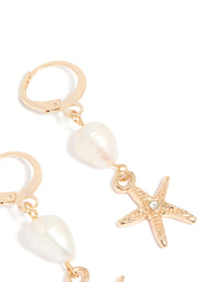 Gold Pearl Starfish Huggie Drop Earrings - link has visual effect only