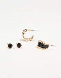 Gold Black Diamante Stud & Hoop Earrings 2-Pack - link has visual effect only