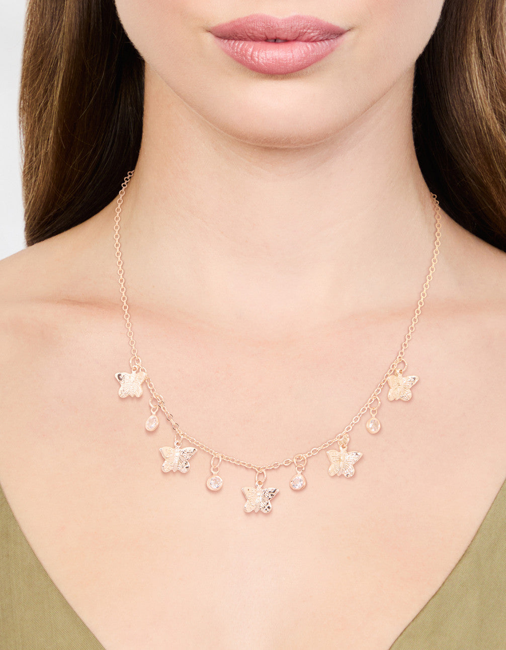 Gold Diamante Butterfly Drop Charm Necklace