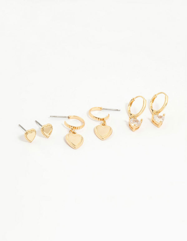 Gold Plated Cubic Zirconia Heart Earrings 3-Pack
