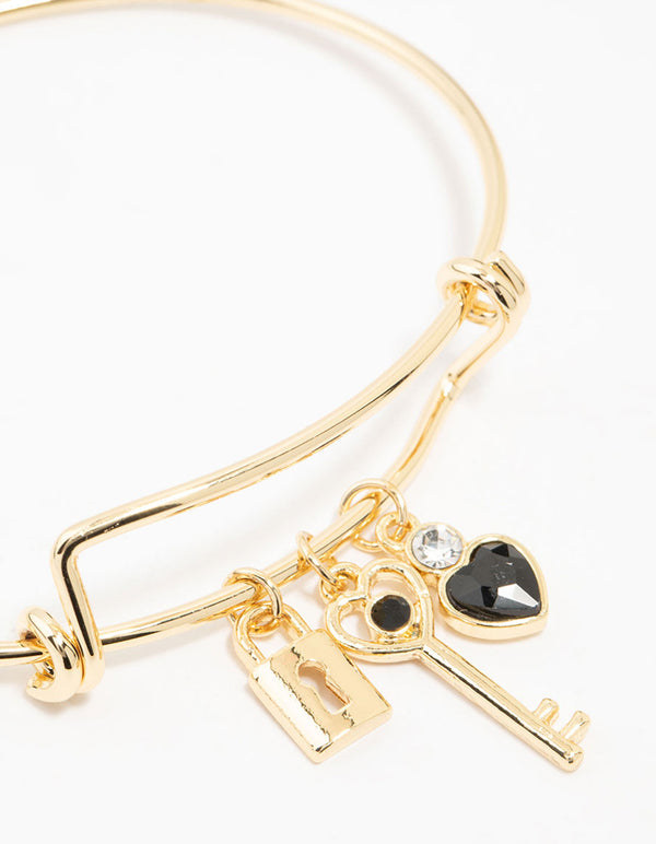 Gold Plated Heart & Key Charm Bangle