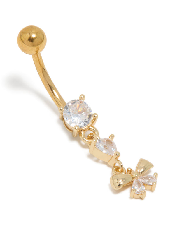 Gold Plated Surgical Steel Cubic Zirconia Fine Bow Drop Belly Bar