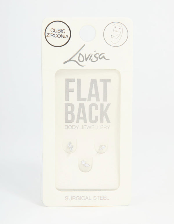 Surgical Steel Cubic Zirconia Double Baguette Flat Back Studs 3-Pack