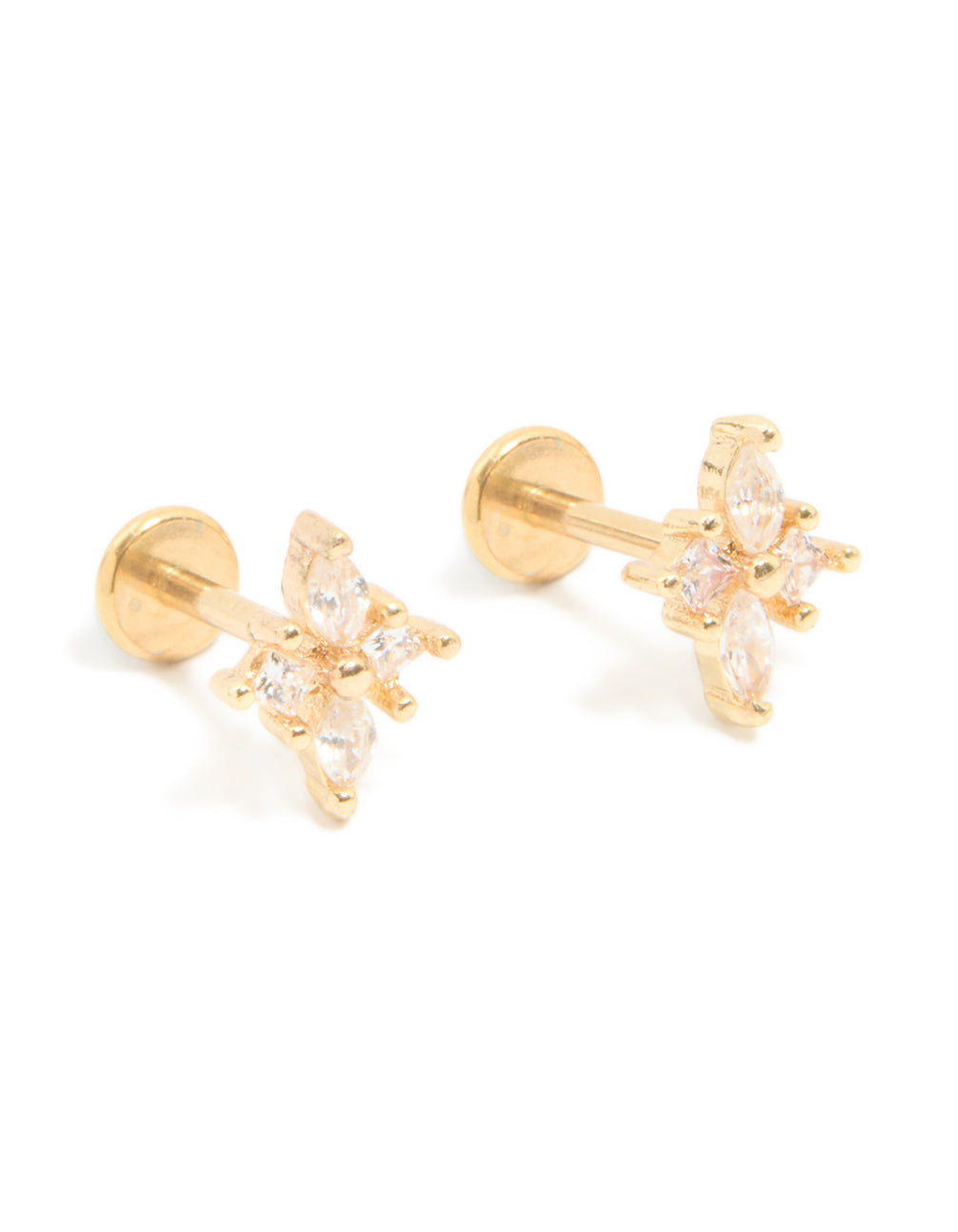 Crafted from surgical steel, these gold plated flat back stud earrings feature floral cluster cubic zirconia front view