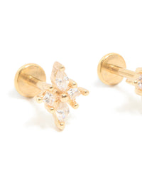 Designed with floral cluster cubic zirconia, these gold plated surgical steel flat back stud earrings close up view - link has visual effect only