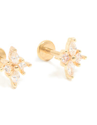 Showcasing floral cluster design, these gold plated surgical steel cubic zirconia flat back stud earrings post detail view - link has visual effect only