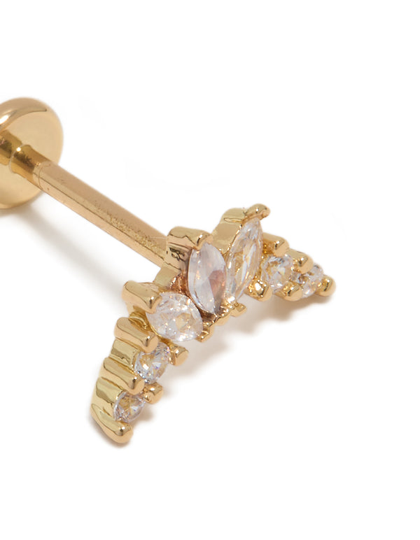 Gold Plated Titanium Cubic Zirconia Marquise Threadless Single Flat Back Stud