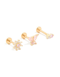 Gold Plated Titanium Pink Cubic Zirconia Butterfly & Flower Flat Back Studs 3-Pack - link has visual effect only