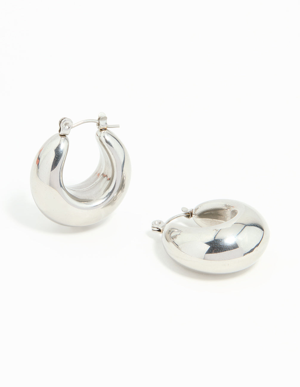 Presenting waterproof stainless steel full bubble hoop earrings in silver front view
