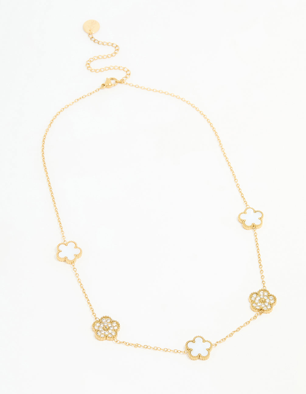 Waterproof Gold Plated Stainless Steel Diamante Flower Petal Charm Necklace