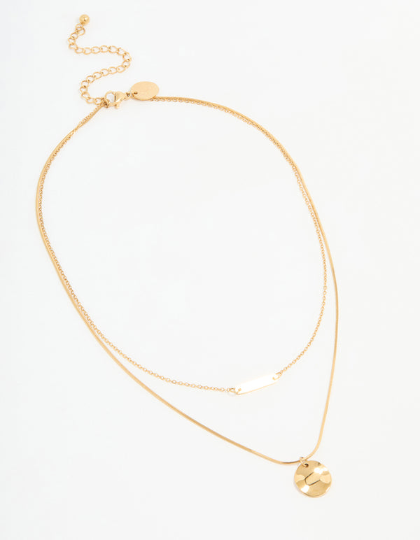 Waterproof Gold Plated Stainless Steel Bar & Coin Pendant Necklace