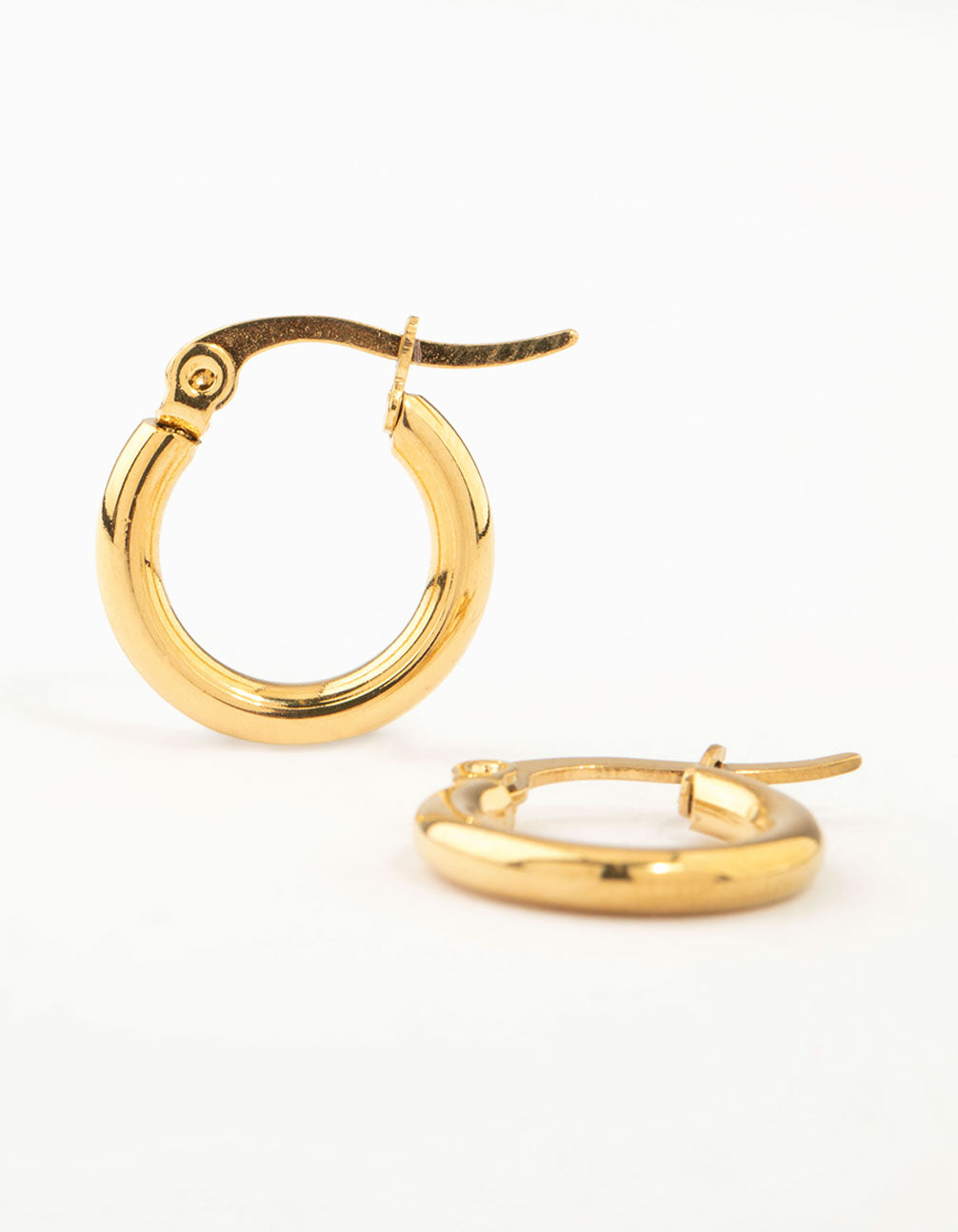 Showcasing waterproof clean hinge hoop earrings crafted from gold plated stainless steel front view