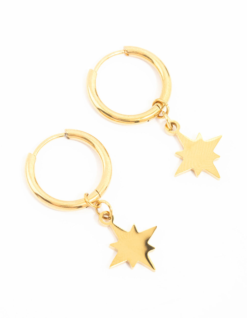 Shop waterproof gold plated stainless steel hoop earrings with celestial star front view