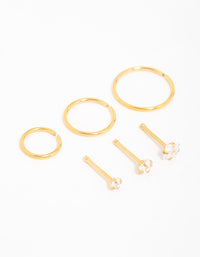 Gold Plated Surgical Steel Cubic Zirconia Stud & Hoop Nose Piercings 6-Pack - link has visual effect only