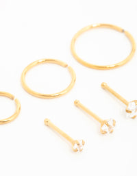 Gold Plated Surgical Steel Cubic Zirconia Stud & Hoop Nose Piercings 6-Pack - link has visual effect only