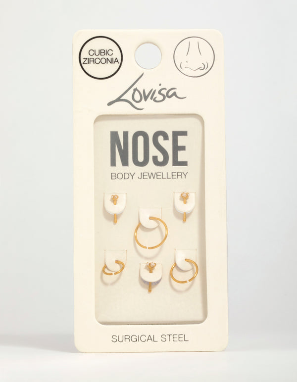 Gold Plated Surgical Steel Cubic Zirconia Stud & Hoop Nose Piercings 6-Pack