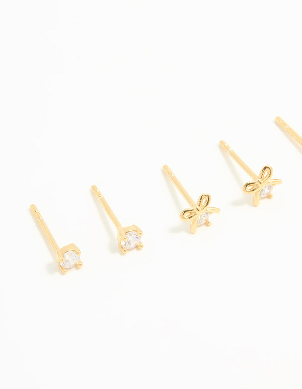 Gold Plated Sterling Silver Bow & Sleek Earrings 3-Pack