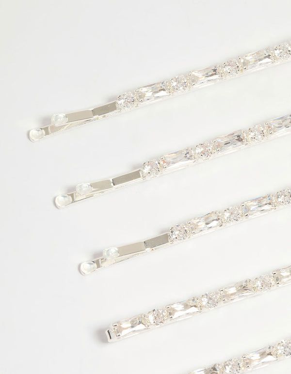 Silver Diamante Baguette & Round Hair Slides 5-Pack