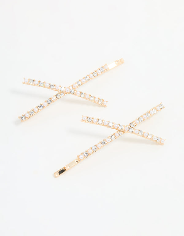 Gold Acrylic & Pearl Crossover Hair Slides 2-Pack