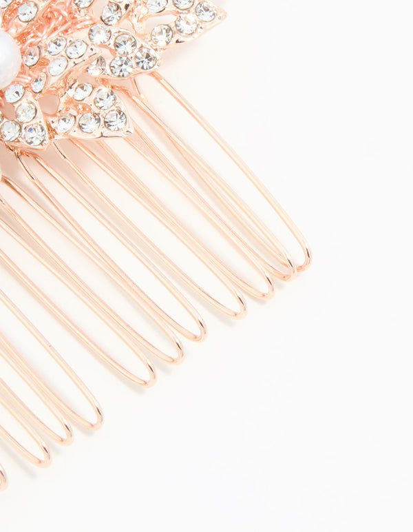 Rose Gold Diamante & Pearl Leaf Hair Comb