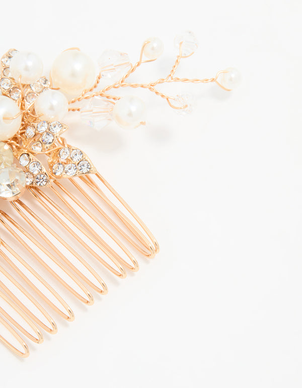 Rose Gold Diamante & Pearl Leaf Hair Comb