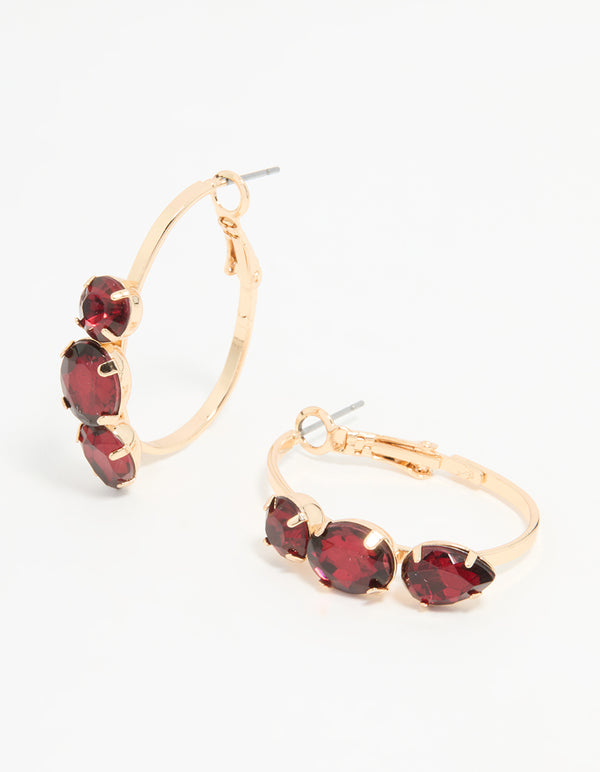 Gold Burgundy Diamante Detail Hoop Earrings