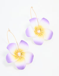 Gold Purple Pearl Large Frangipani Hoop Earrings - link has visual effect only