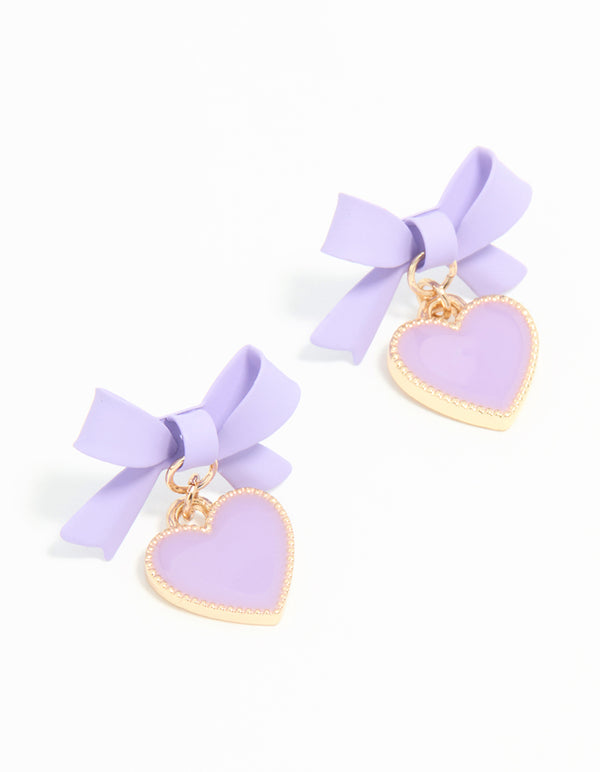 Gold Light Purple Coated Metal Bow Heart Drop Stud Earrings