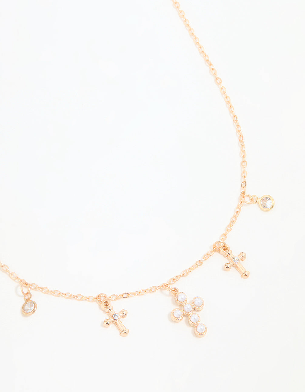 Gold Pearl Diamante Cross Charm Necklace
