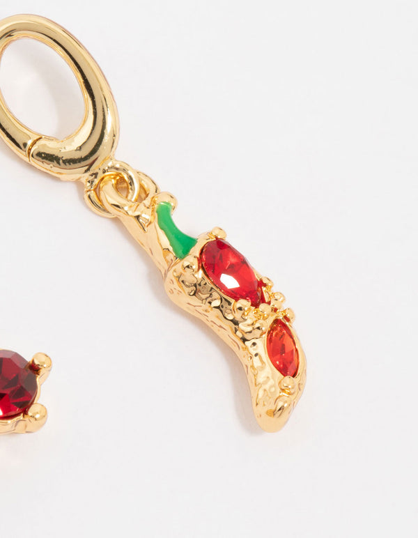 Gold Plated Diamante Cherry & Pizza Charms 3-Pack