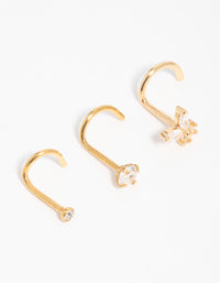 Gold Plated Surgical Steel Cubic Zirconia Butterfly Nose Piercings 3-Pack - link has visual effect only