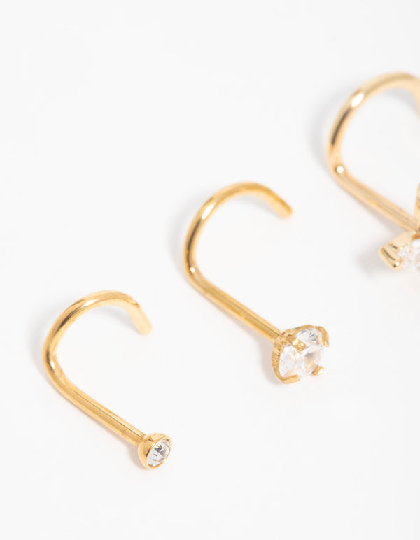 Gold Plated Surgical Steel Cubic Zirconia Butterfly Nose Piercings 3-Pack