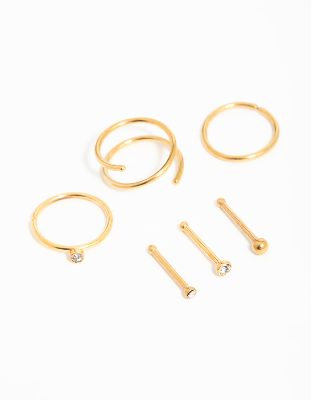 Gold Plated Surgical Steel Cubic Zirconia Bezel Nose Piercings 6-Pack