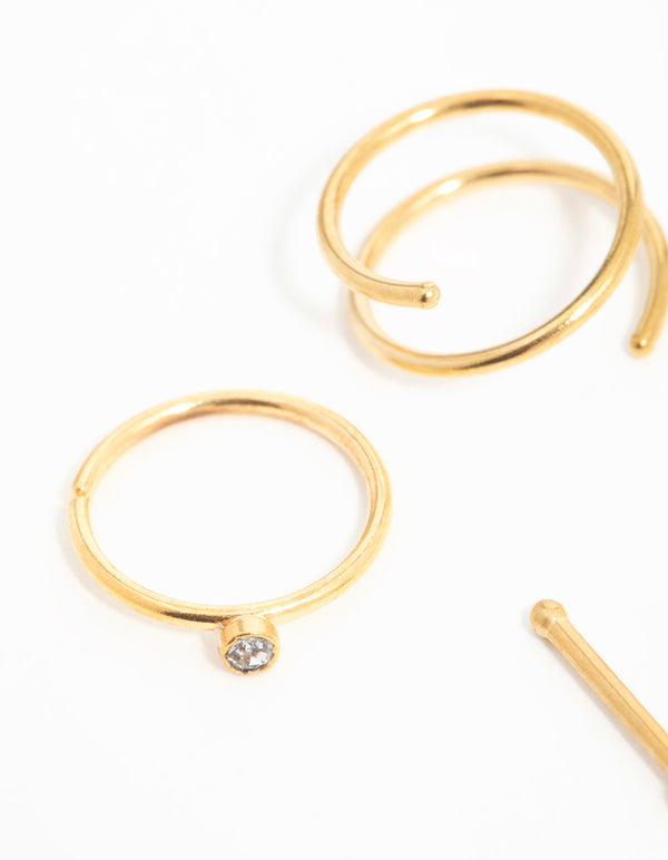 Gold Plated Surgical Steel Cubic Zirconia Bezel Nose Piercings 6-Pack