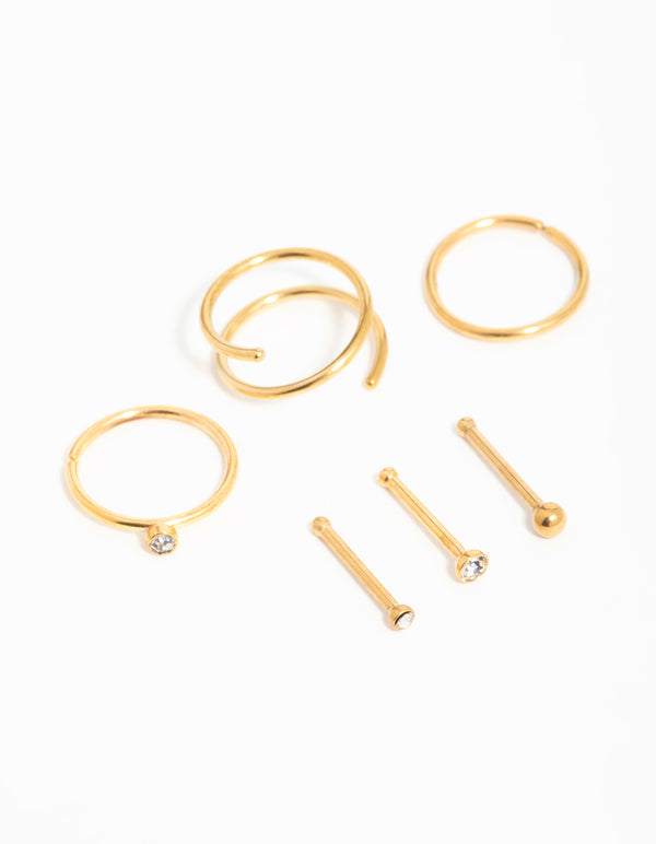 Gold Plated Surgical Steel Cubic Zirconia Bezel Nose Piercings 6-Pack