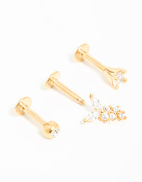 Gold Plated Surgical Steel Cubic Zirconia Butterfly Flat Back Studs 3-Pack - link has visual effect only