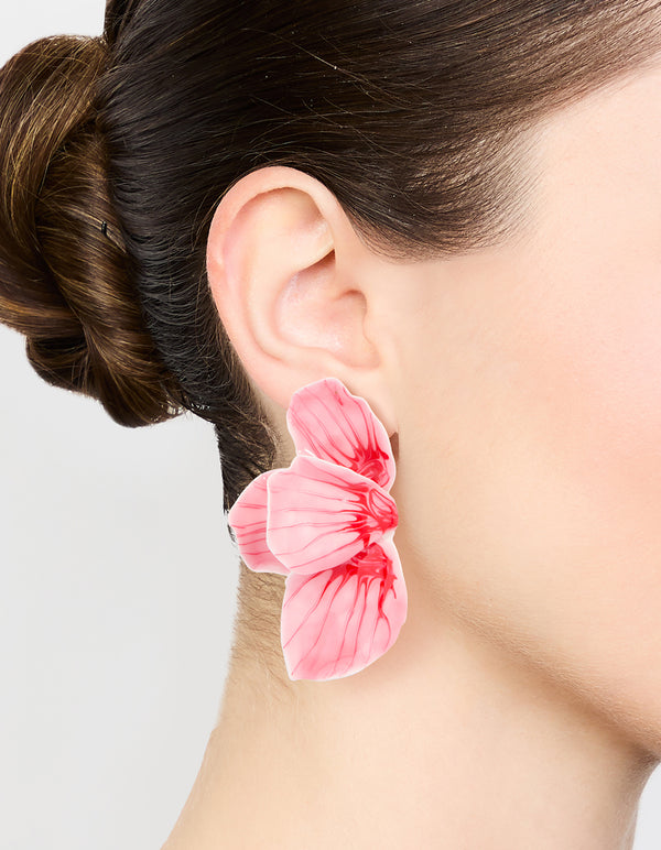 Gold Pink Coated Metal Hammered Statement Petal Stud Earrings