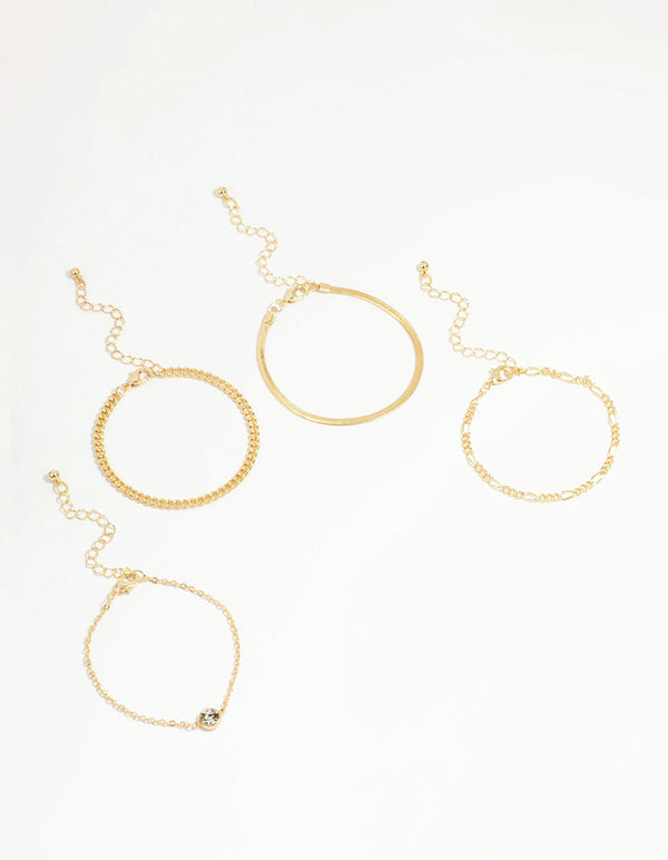 Gold Diamante Mixed Chain Bracelets 4-Pack