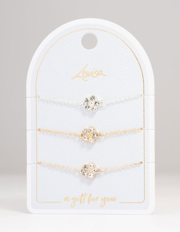 Mixed Metals Diamante Flower Bracelets 3-Pack