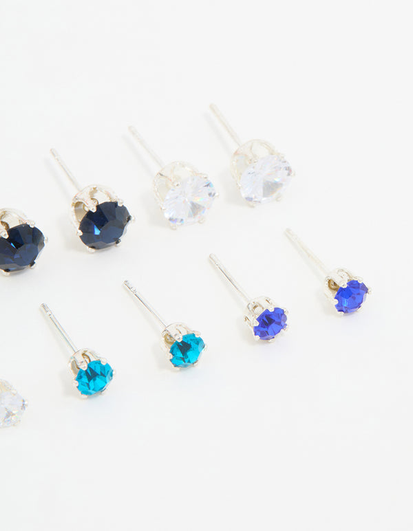 Silver Blue Diamante Stud Earrings 8-Pack