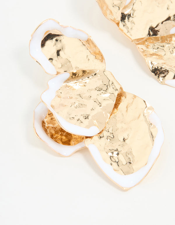 Gold & White Coated Metal Petal Drop Earrings