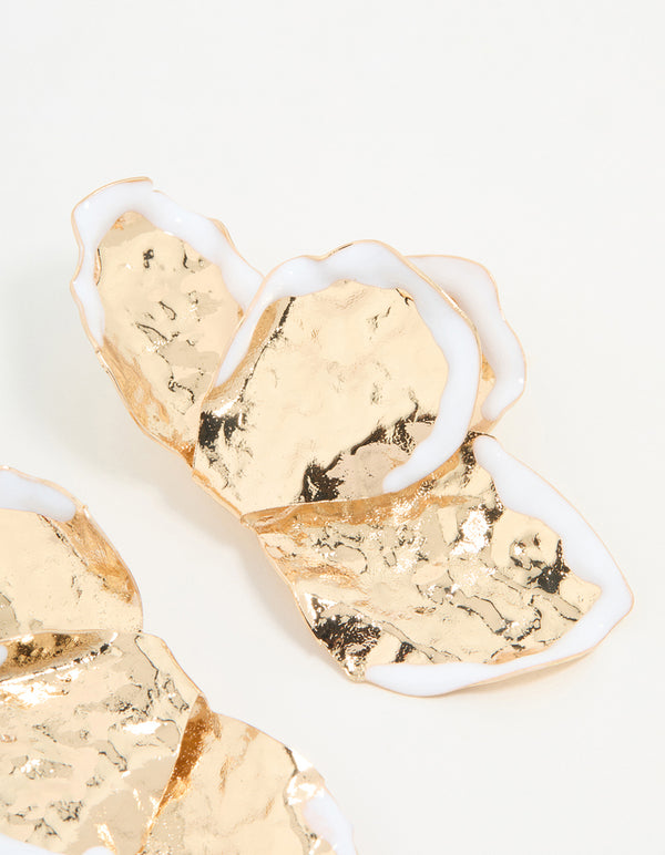 Gold & White Coated Metal Petal Drop Earrings