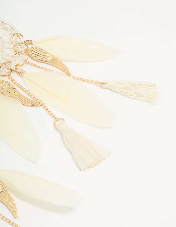 Cream & Gold Feather Dreamcatcher Drop Earrings