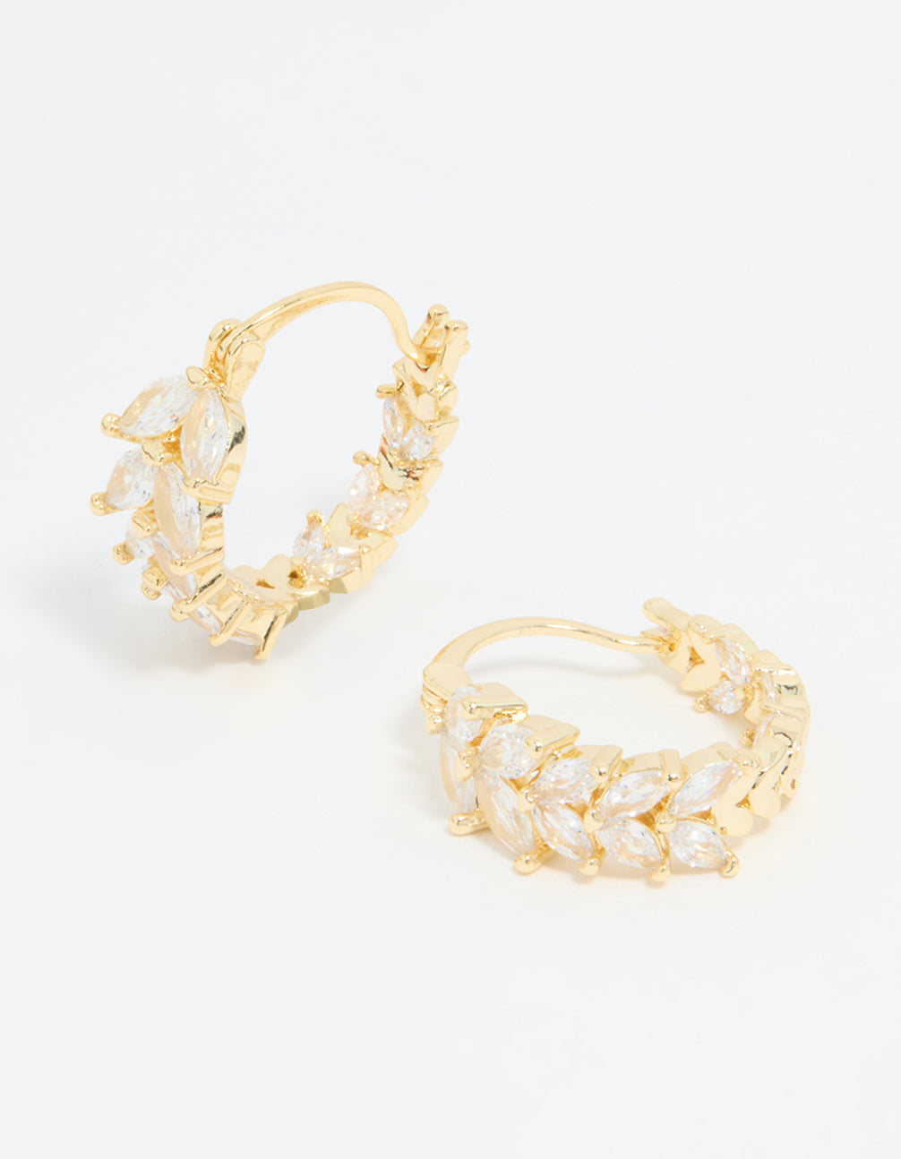 Elegant gold plated cubic zirconia vine hoop earrings with crystal accents in clear front view
