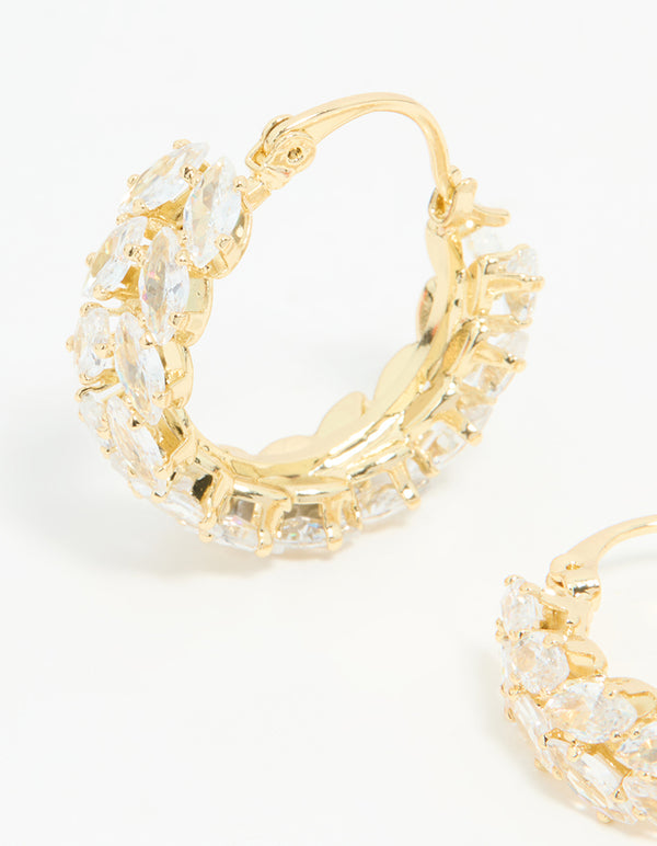Gold Plated Diamante Marquise Herringbone Hoop Earrings
