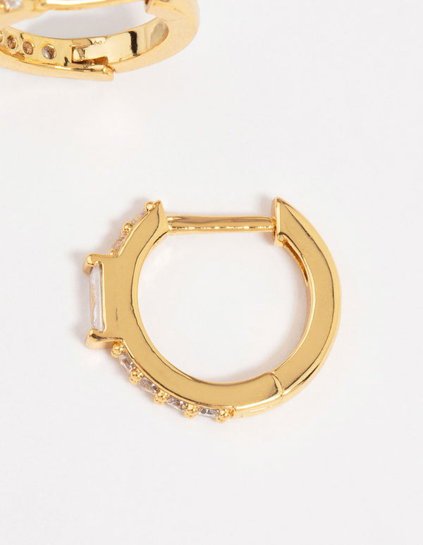 Gold Plated Diamante Mini Baguette Pave Huggie Earrings