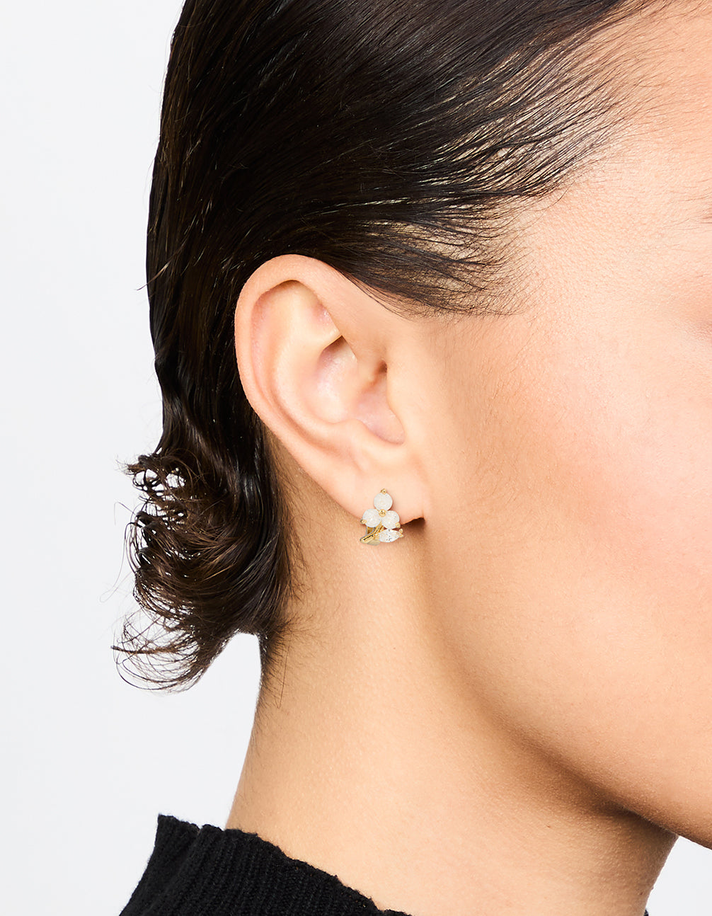 Gold Plated Cubic Zirconia Flower & Leaf Huggie Earrings